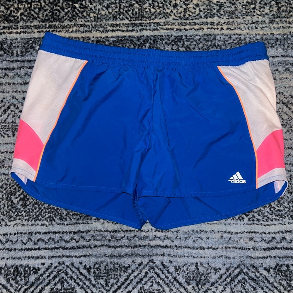 Bright Blue Adidas Shorts (with white, pink and orange on the side)
